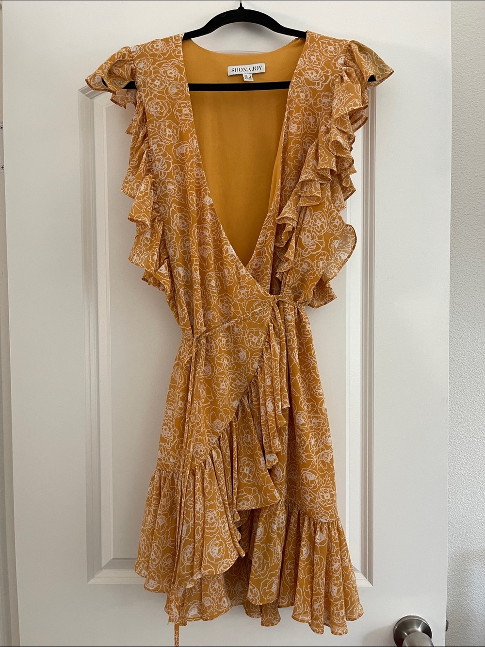 Shona Joy Yellow Floral Ruffle Wrap Midi Dress